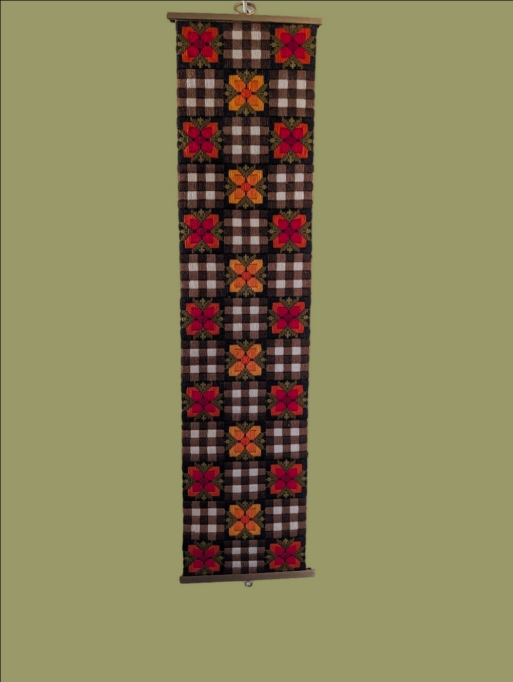 Vintage Wall Hanging Handcrafted Red & Orange Floral Plaid Needlepoint 1970s